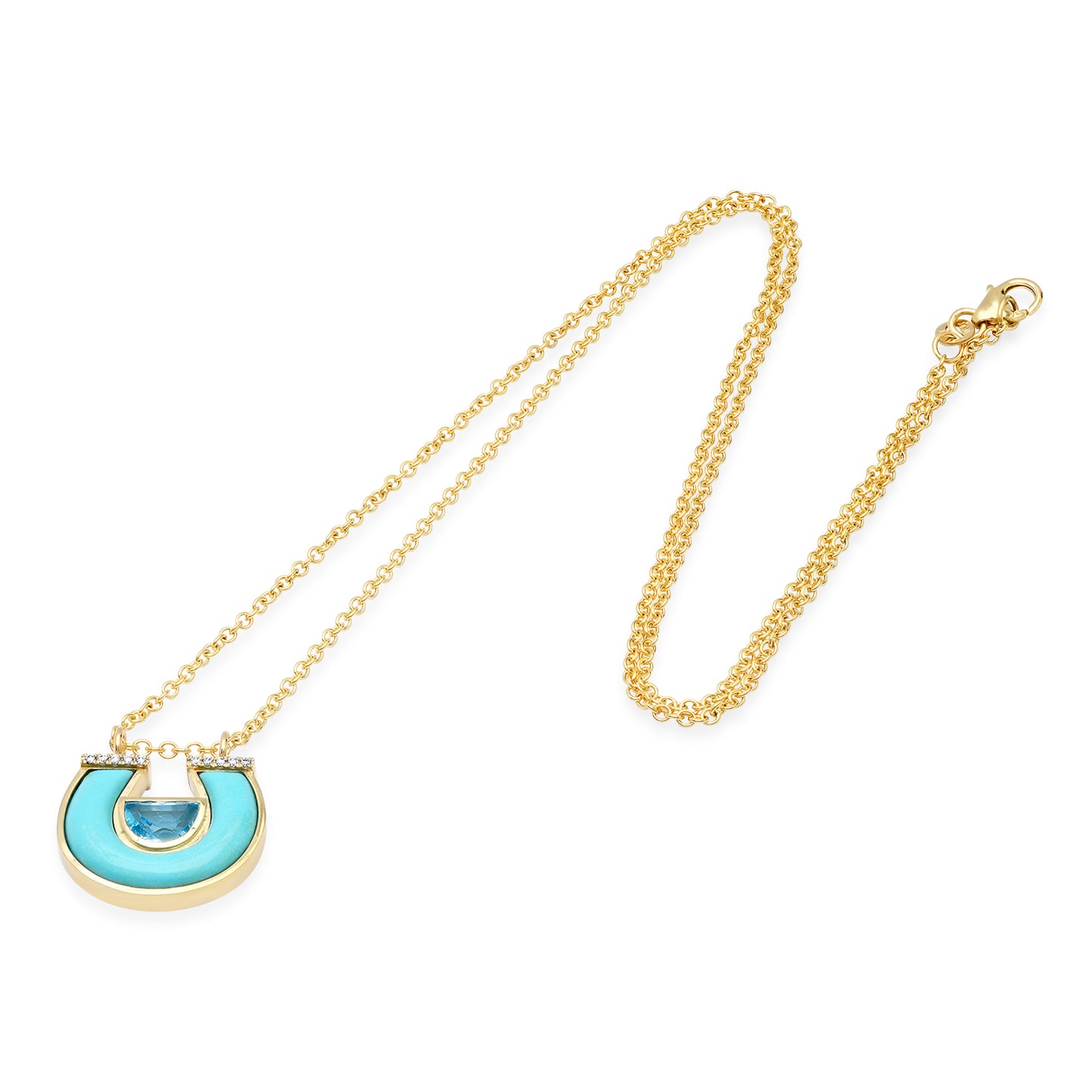 14K Yellow Gold Horseshoe Necklace Featuring Blue Topaz, Turquoise, And Diamond Accents By Sig Ward Jewelry.