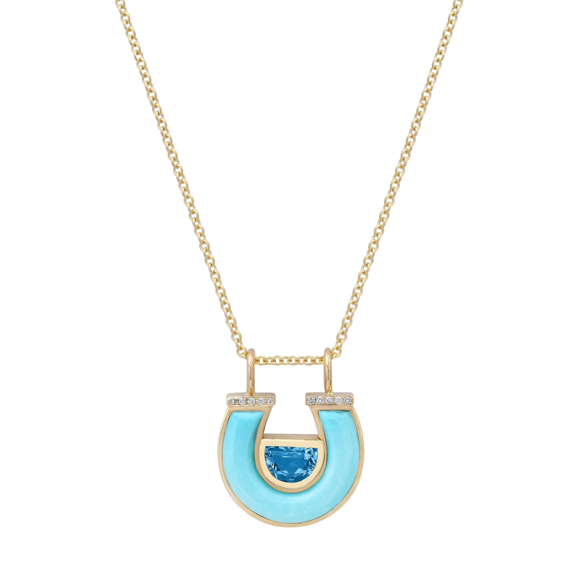 14K yellow gold Blue Topaz, Turquoise, and Diamond Horseshoe Necklace by Sig Ward Jewelry, featuring a natural blue topaz gemstone, turquoise inlay, and diamond accents in an elegant horseshoe pendant design.