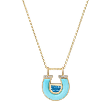 14K yellow gold Blue Topaz, Turquoise, and Diamond Horseshoe Necklace by Sig Ward Jewelry, featuring a natural blue topaz gemstone, turquoise inlay, and diamond accents in an elegant horseshoe pendant design.
