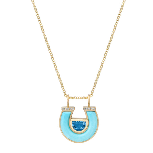14K yellow gold Blue Topaz, Turquoise, and Diamond Horseshoe Necklace by Sig Ward Jewelry, featuring a natural blue topaz gemstone, turquoise inlay, and diamond accents in an elegant horseshoe pendant design.