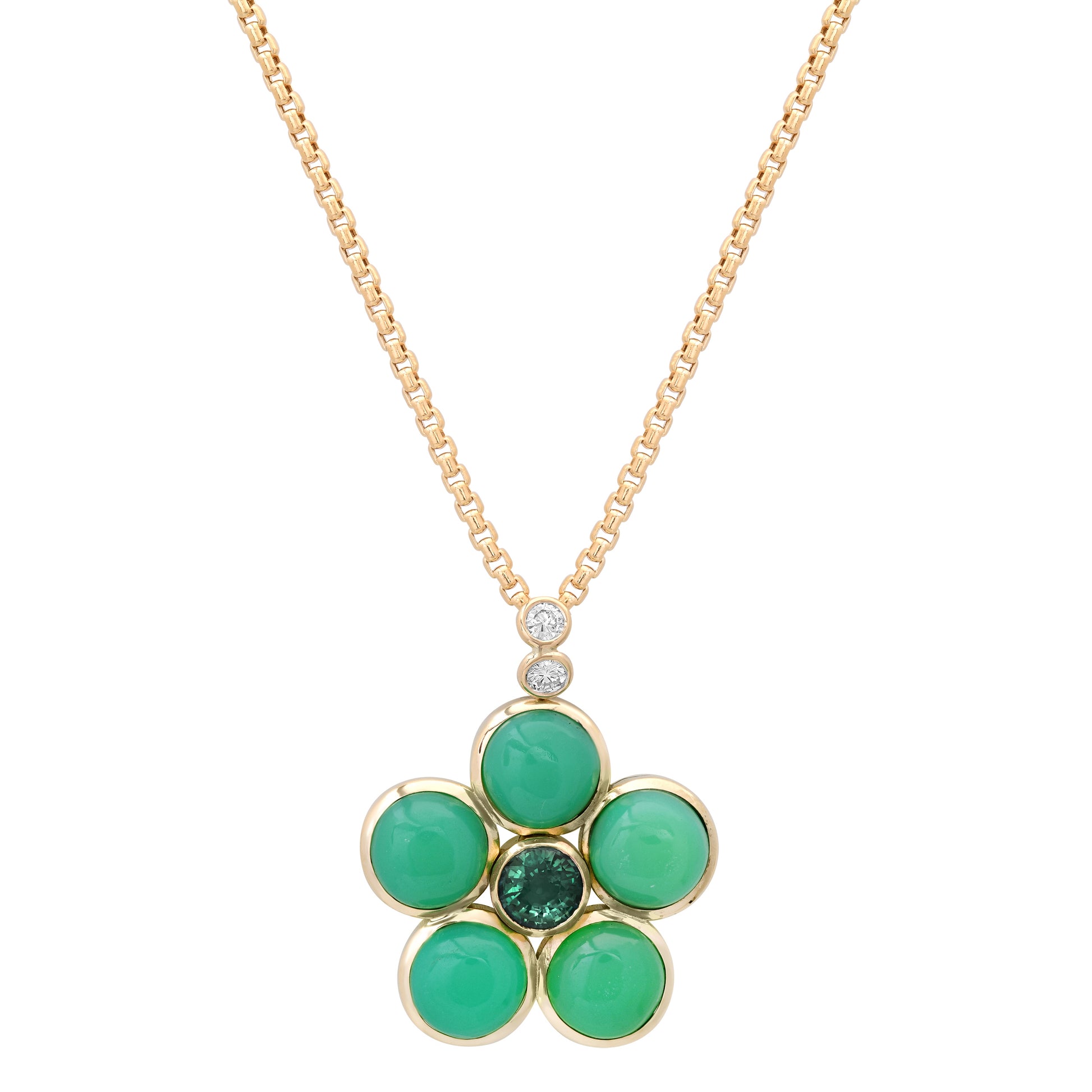 14K yellow gold Chrysoprase, Green Tourmaline, and Diamond Blossom Necklace by Sig Ward Jewelry, featuring natural chrysoprase, green tourmaline, and diamond accents in an elegant floral-inspired pendant design.