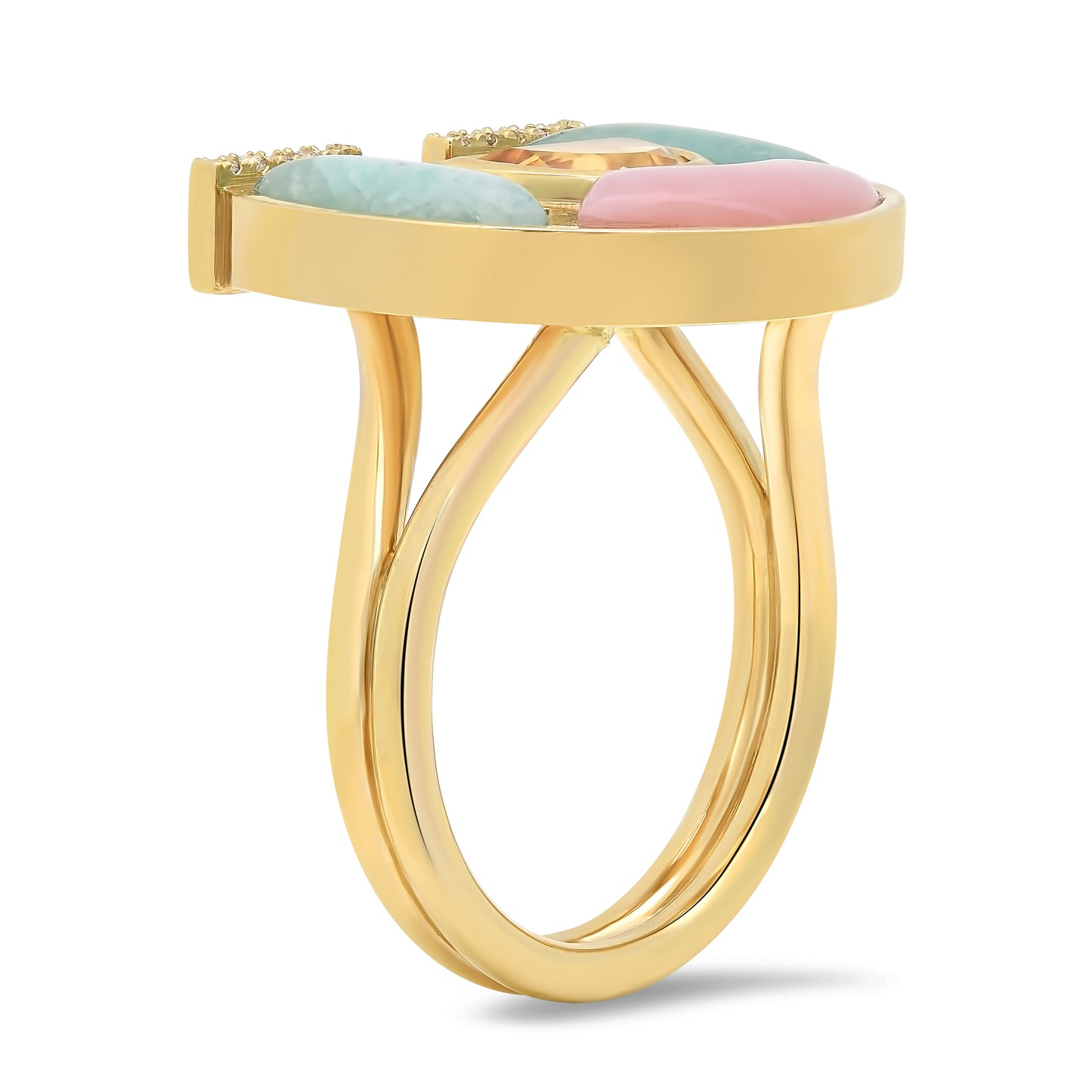 Side view of the Sig Ward Jewelry 14K Yellow Gold Citrine, Amazonite, Pink Opal and Diamond Horseshoe Ring featuring vibrant natural gemstones, brilliant diamonds, and a symbolic horseshoe design crafted in fine jewelry.