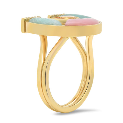 Side view of the Sig Ward Jewelry 14K Yellow Gold Citrine, Amazonite, Pink Opal and Diamond Horseshoe Ring featuring vibrant natural gemstones, brilliant diamonds, and a symbolic horseshoe design crafted in fine jewelry.
