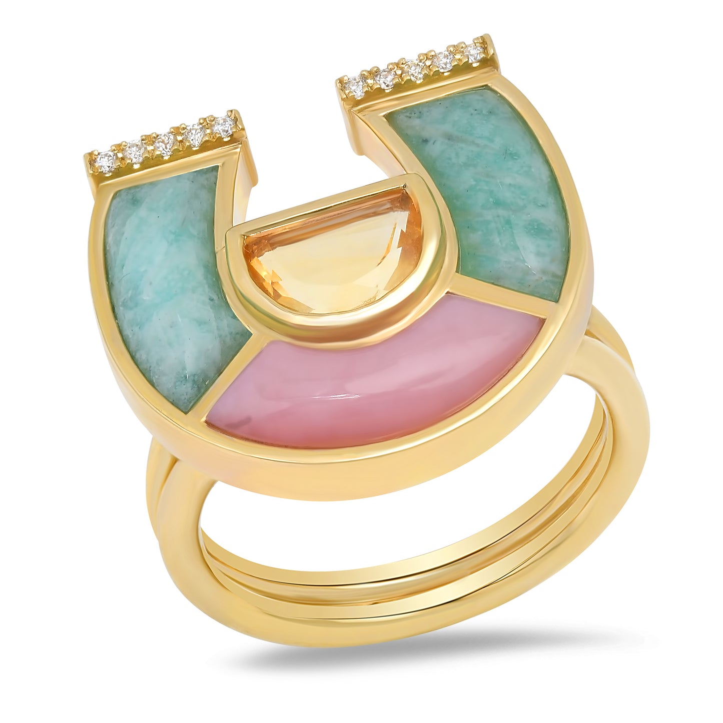 Front view of the Sig Ward Jewelry 14K Yellow Gold Citrine, Amazonite, Pink Opal and Diamond Horseshoe Ring featuring natural citrine, amazonite, pink opal, and brilliant diamonds in a symbolic horseshoe design crafted in fine jewelry.