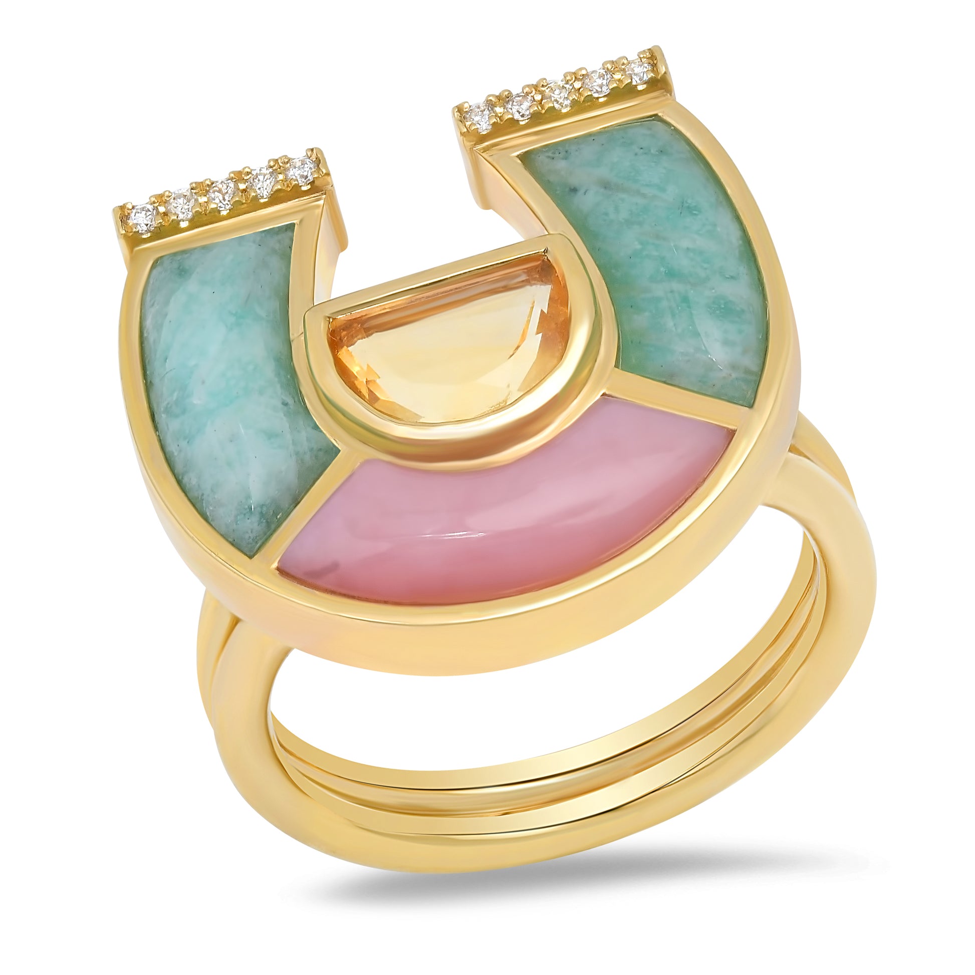 Front view of the Sig Ward Jewelry 14K Yellow Gold Citrine, Amazonite, Pink Opal and Diamond Horseshoe Ring featuring natural citrine, amazonite, pink opal, and brilliant diamonds in a symbolic horseshoe design crafted in fine jewelry.