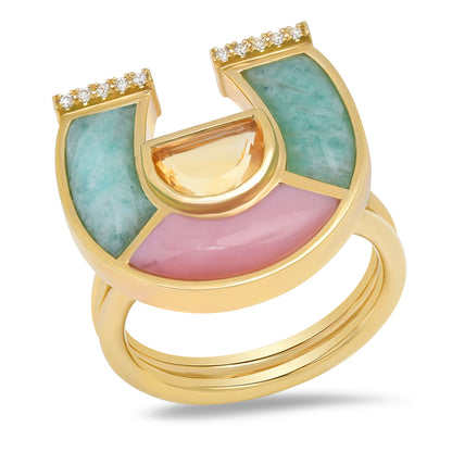 Front view of the Sig Ward Jewelry 14K Yellow Gold Citrine, Amazonite, Pink Opal and Diamond Horseshoe Ring featuring natural citrine, amazonite, pink opal, and brilliant diamonds in a symbolic horseshoe design crafted in fine jewelry.