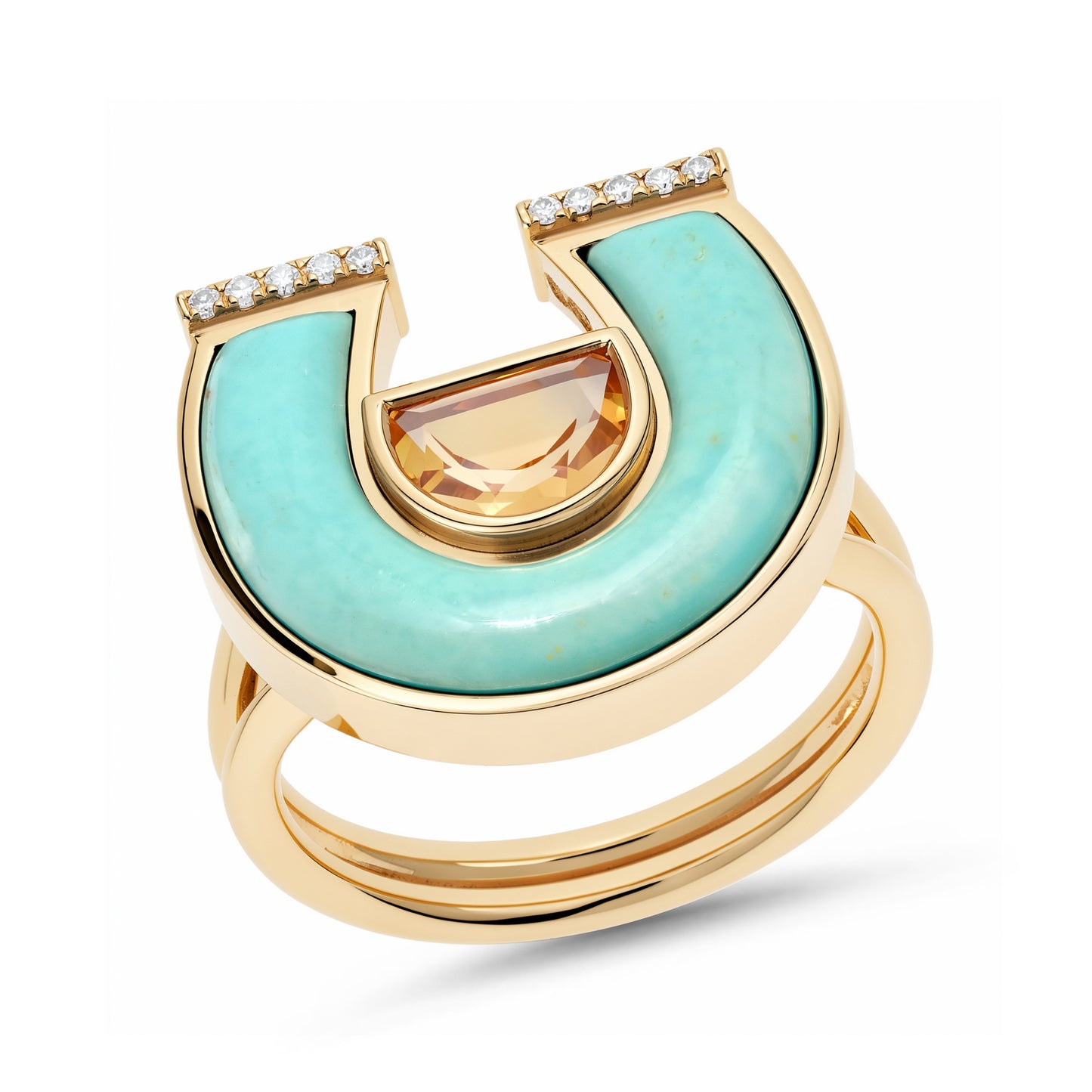 Front view of a 14K yellow gold horseshoe ring with citrine, mint turquoise, and diamond accents by Sig Ward Jewelry.