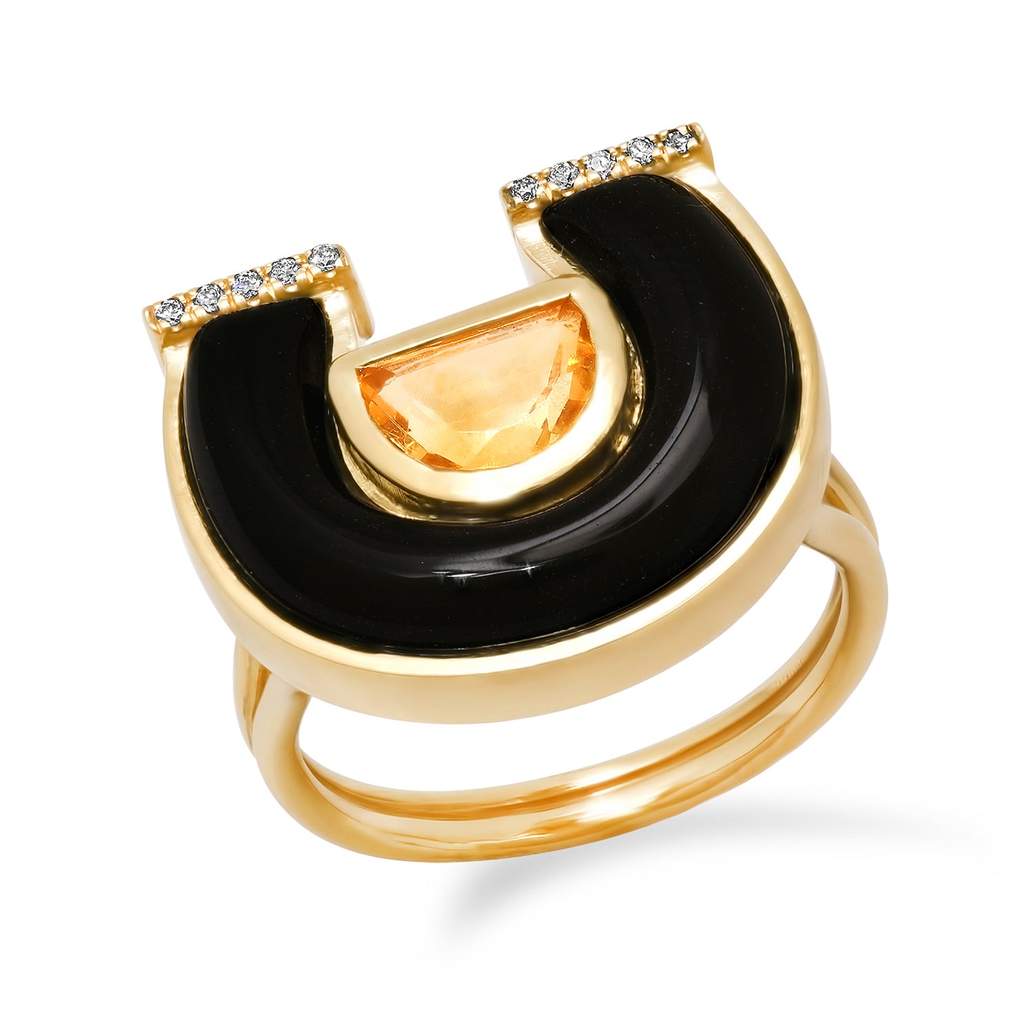 14K Yellow Gold Horseshoe Ring Featuring Citrine, Onyx, And Diamond Accents By Sig Ward Jewelry.