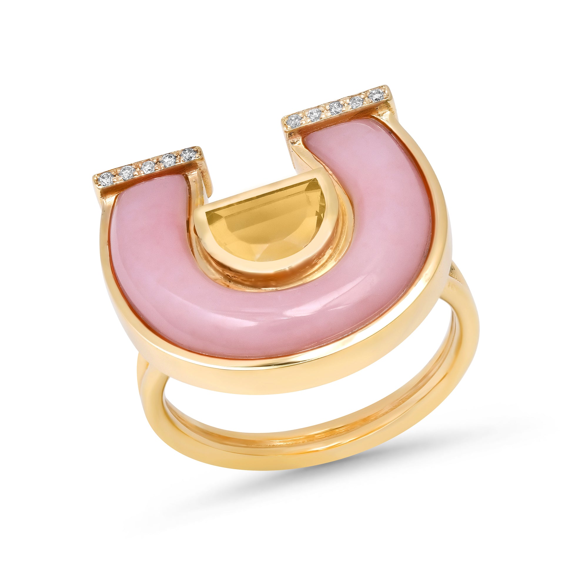 Front view of the 14K yellow gold Citrine, Pink Opal, and Diamond Horseshoe Ring by Sig Ward Jewelry, featuring a natural citrine gemstone, pink opal inlay, and diamond accents in an elegant horseshoe-inspired design.