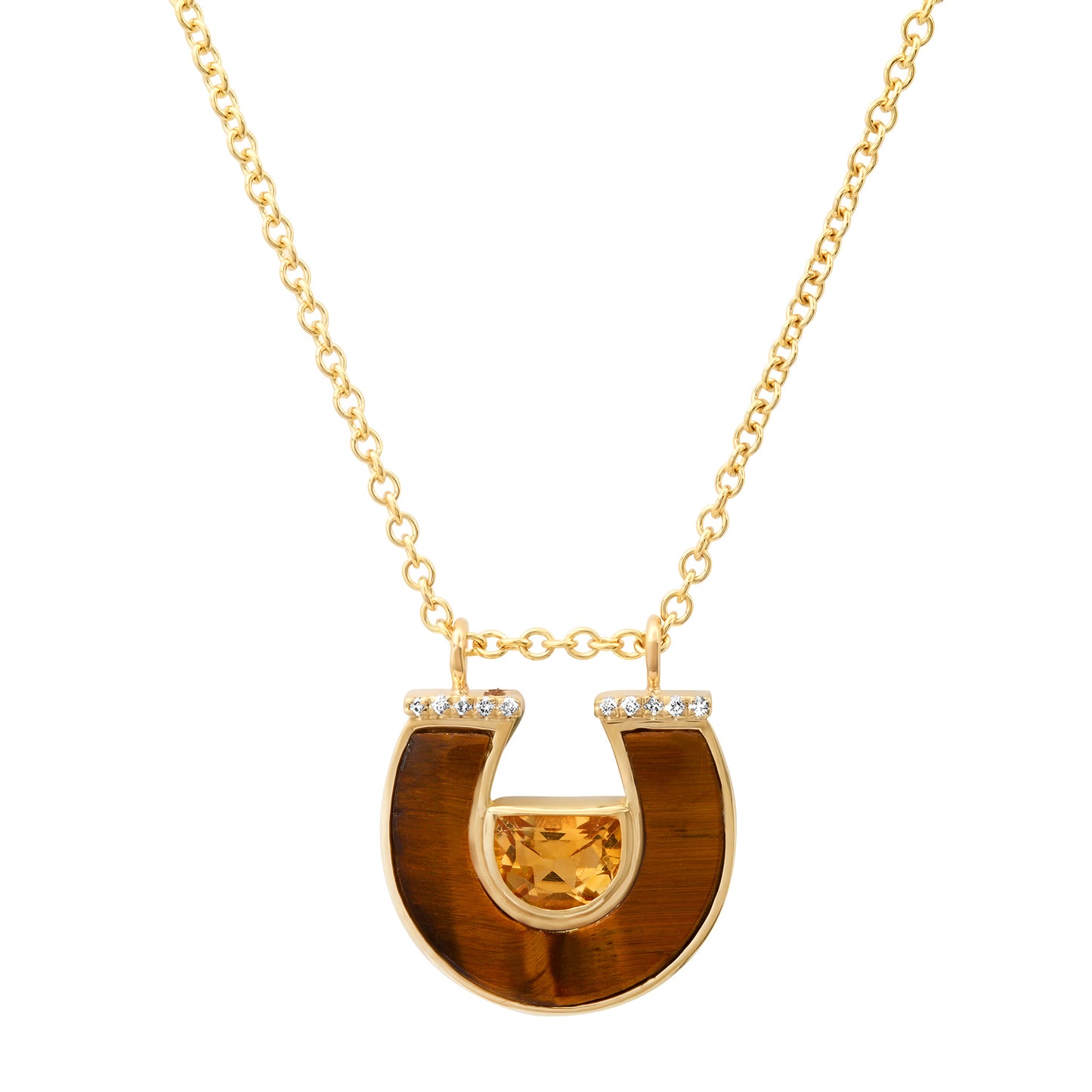 14K Yellow Gold Horseshoe Necklace Featuring Citrine, Tiger's Eye, And Diamond Accents By Sig Ward Jewelry.