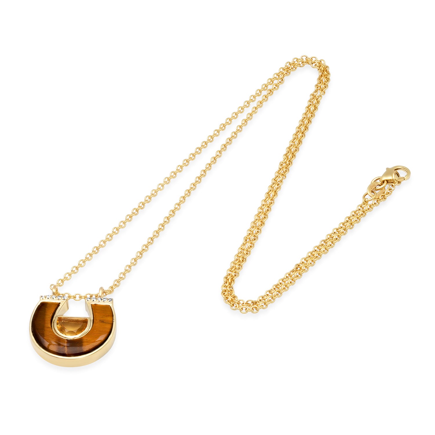14K Yellow Gold Horseshoe Necklace Featuring Citrine, Tiger's Eye, And Diamond Accents By Sig Ward Jewelry.