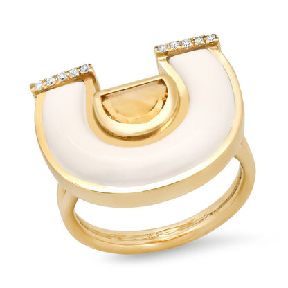 Front View of Sig Ward Jewelry 14K Yellow Gold Citrine, White Agate and Diamond Horseshoe Ring