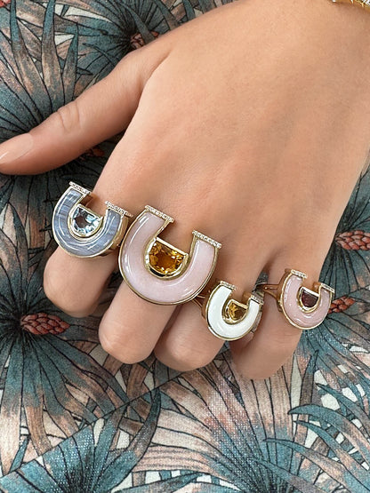 Sig Ward Jewelry 14K Yellow Gold Citrine, White Agate and Diamond Horseshoe Ring and Garnet, Pink Opal and Diamond Horseshoe Ring