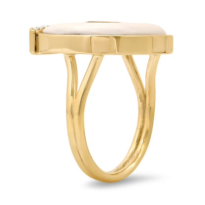 Side View of Sig Ward Jewelry 14K Yellow Gold Citrine, White Agate and Diamond Horseshoe Ring