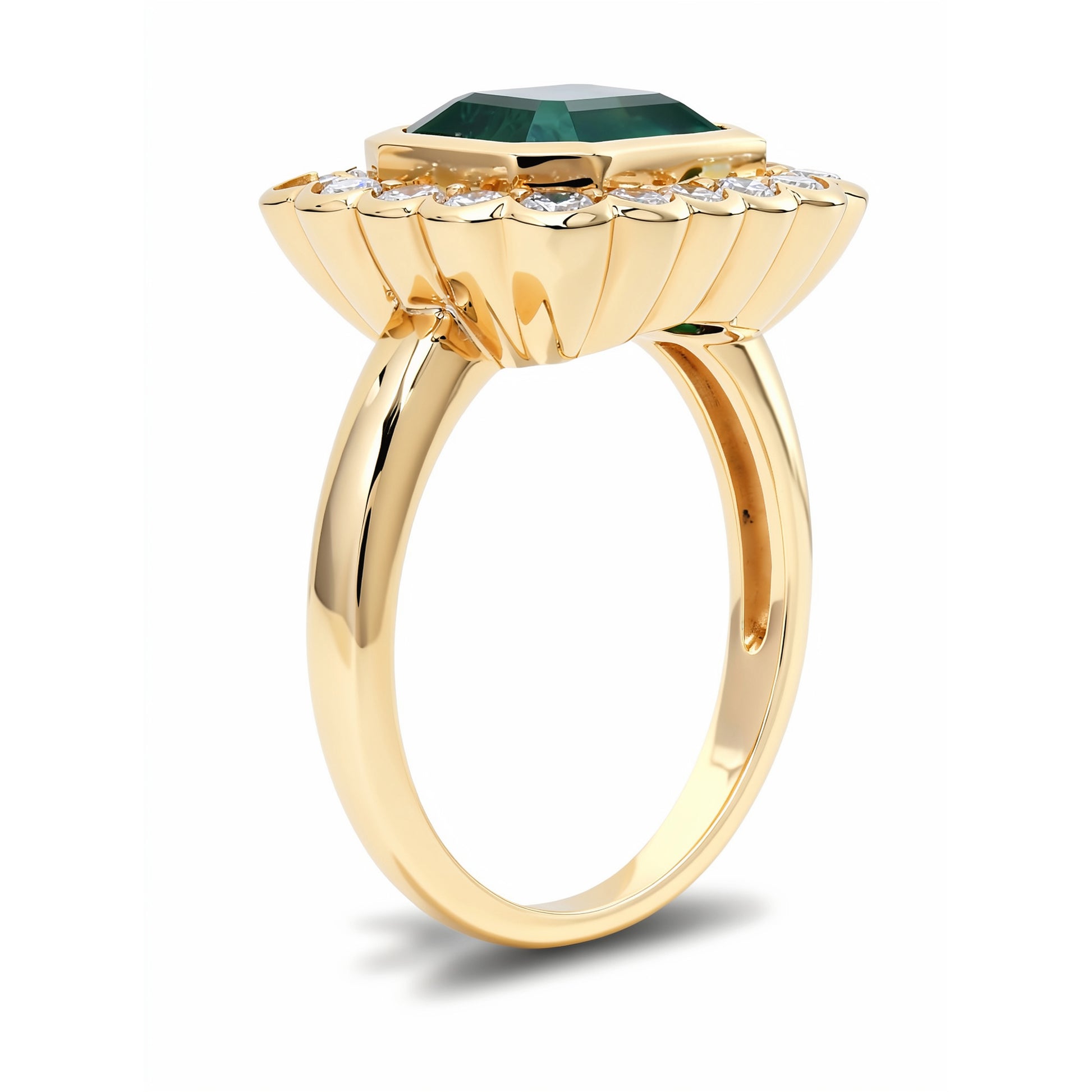 Sig Ward Jewelry 14K Yellow Gold Columbian Emerald and Diamond Ring side view