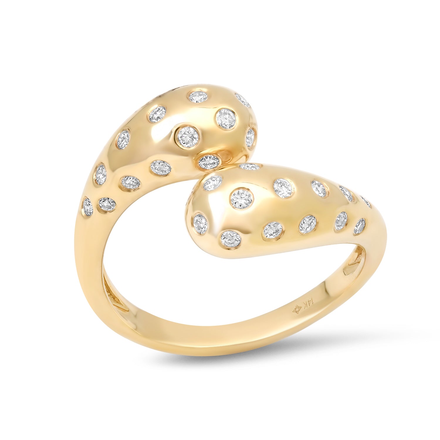 Sig Ward Jewelry 14K yellow gold Criss Cross Gypsy Set Diamond Ring 712 side view showcasing a unique criss cross design with pavé set diamonds and luxury craftsmanship.