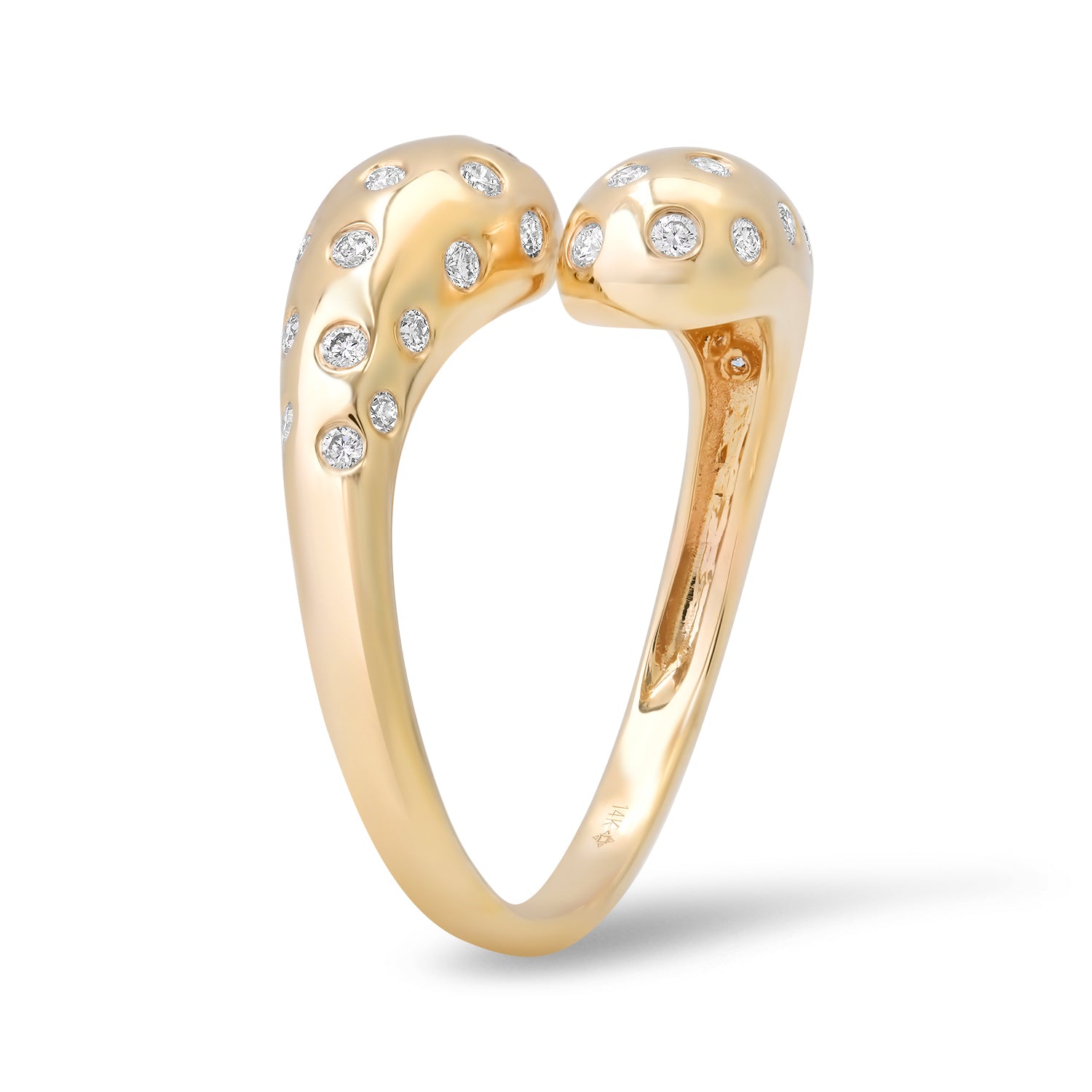 Sig Ward Jewelry 14K yellow gold Criss Cross Gypsy Set Diamond Ring side view showcasing a unique criss cross design with pavé set diamonds and luxury craftsmanship.