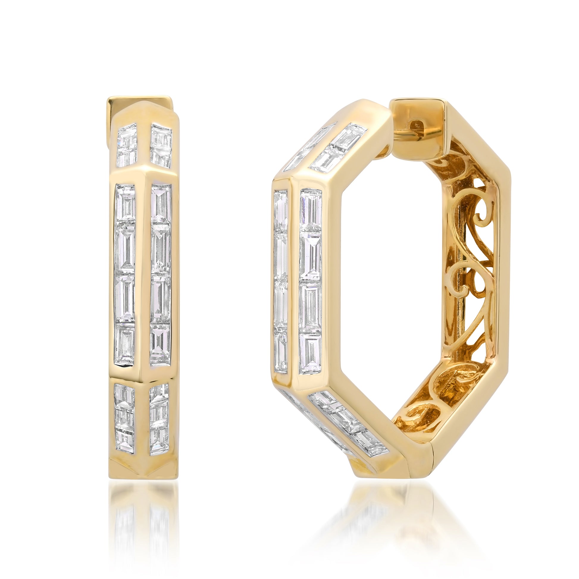 Sig Ward Jewelry 14K yellow gold Eden Hexagon Baguette Diamond Huggies featuring sparkling baguette diamonds in a modern hexagon silhouette for timeless everyday luxury.