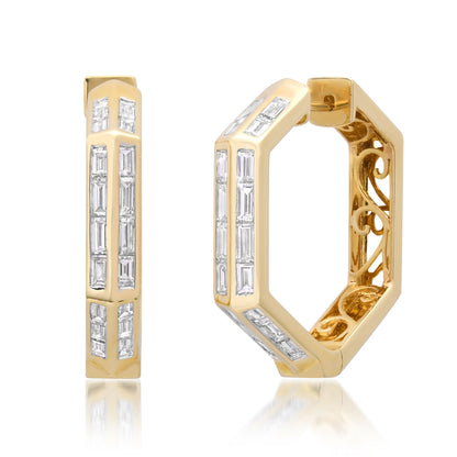 Sig Ward Jewelry 14K yellow gold Eden Hexagon Baguette Diamond Huggies featuring sparkling baguette diamonds in a modern hexagon silhouette for timeless everyday luxury.