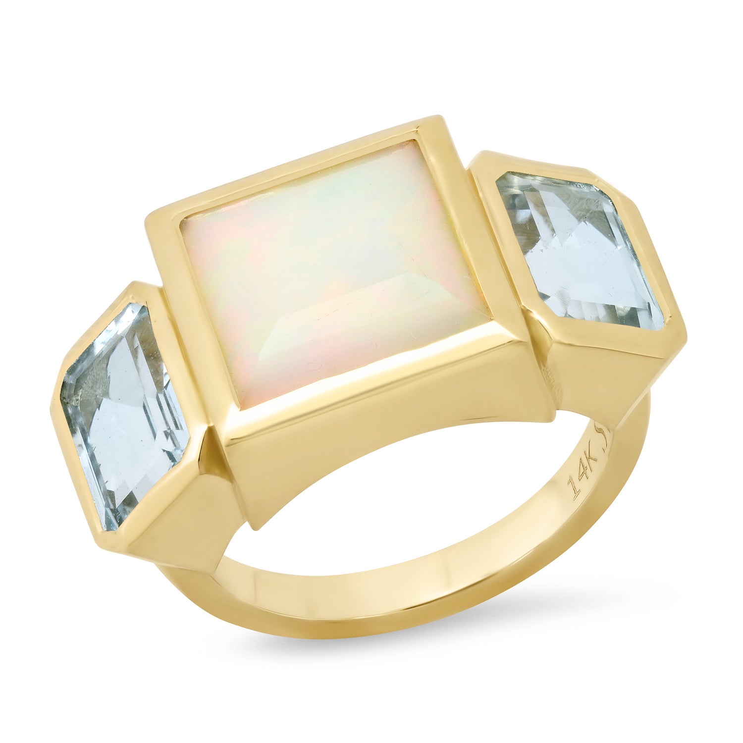 14K Yellow Gold Trilogy Ring Featuring Ethiopian Opal And Aquamarine By Sig Ward Jewelry.