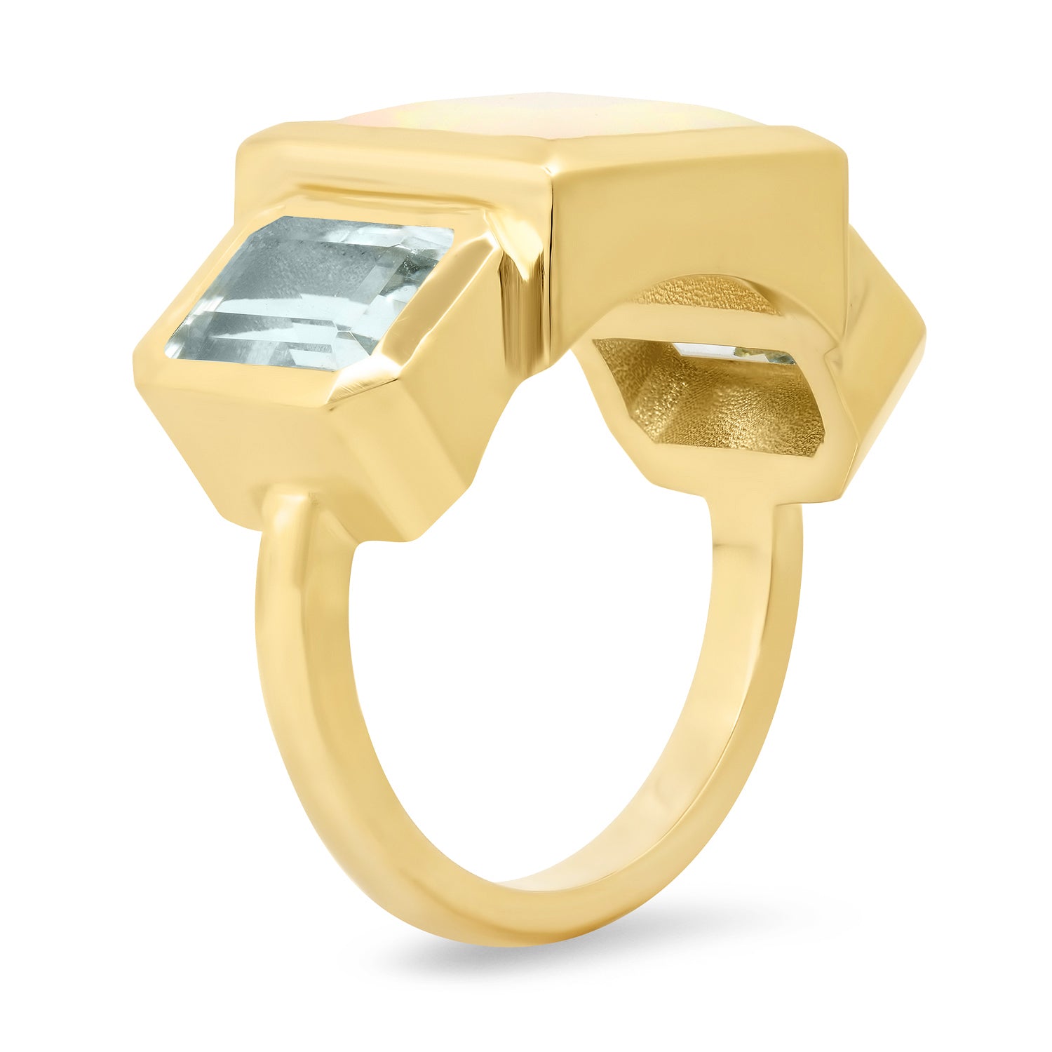 14K Yellow Gold Trilogy Ring Featuring Ethiopian Opal And Aquamarine By Sig Ward Jewelry.