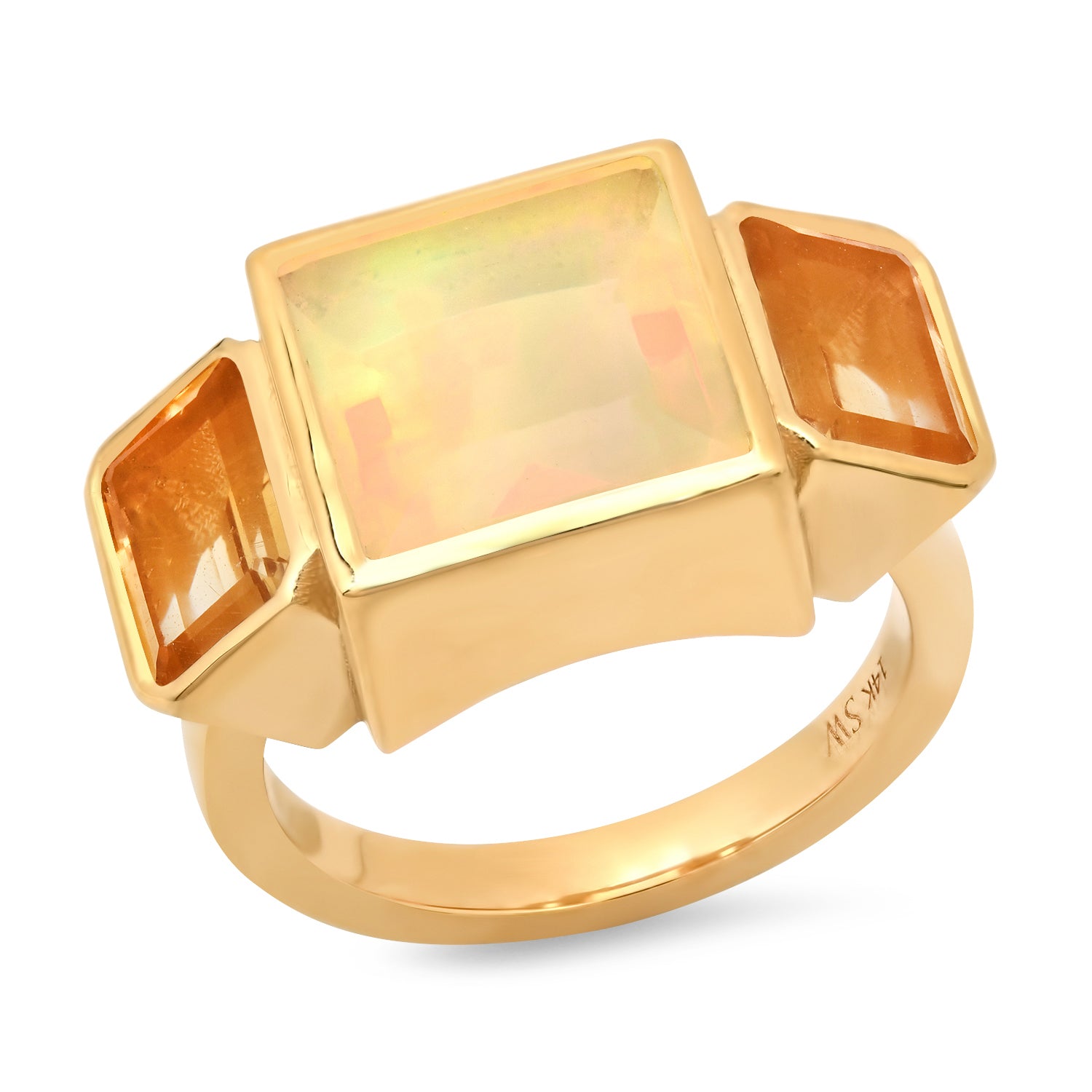 Sig Ward Jewelry 14K yellow gold Ethiopian Opal and Citrine Trilogy Ring featuring natural Ethiopian opal and citrine gemstones in a handcrafted modern heirloom-inspired design, luxury fine jewelry for timeless elegance.