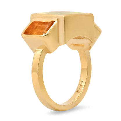 Sig Ward Jewelry 14K yellow gold Ethiopian Opal and Citrine Trilogy Ring featuring natural Ethiopian opal and citrine gemstones in a handcrafted modern heirloom-inspired design, luxury fine jewelry for timeless elegance.