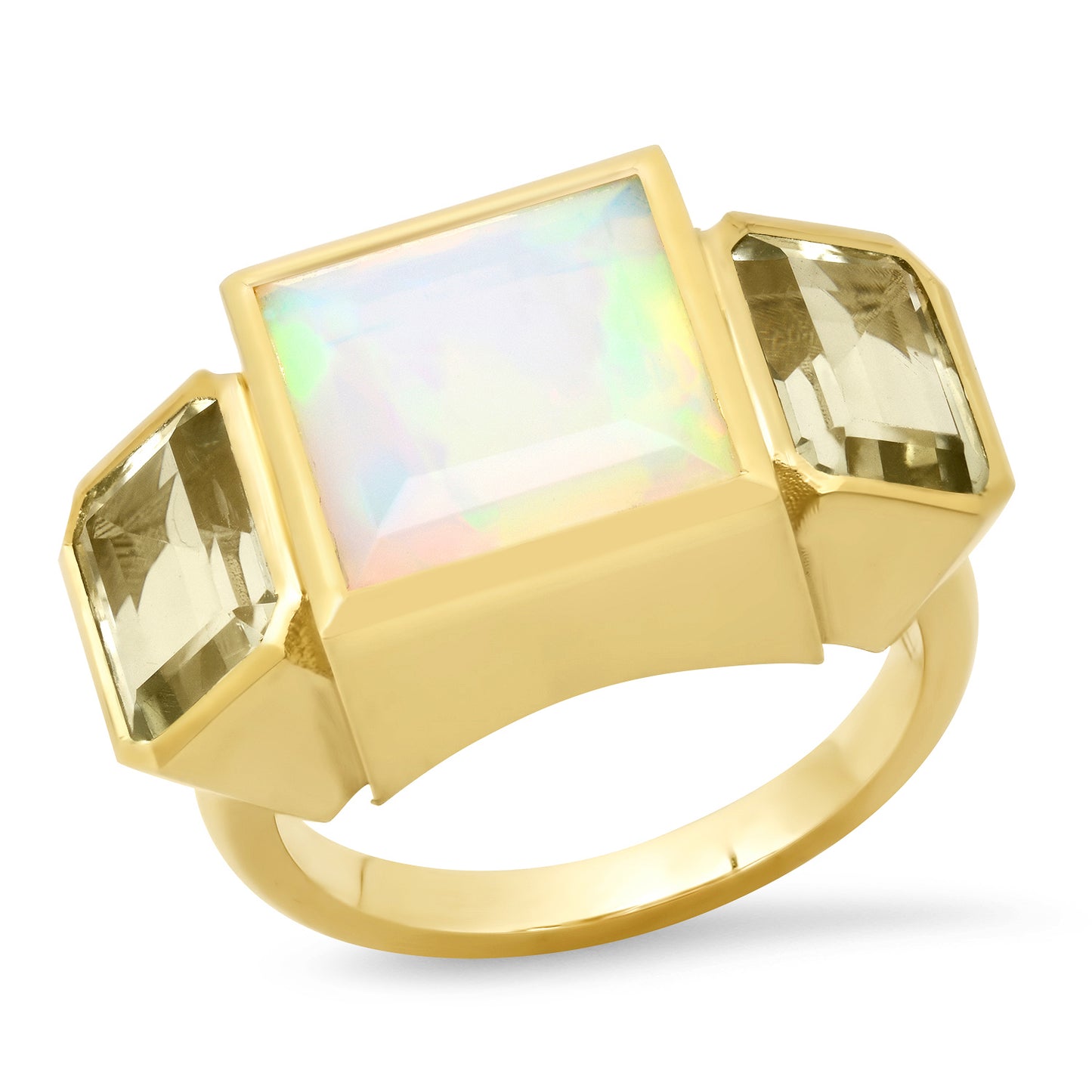 14K Yellow Gold Trilogy Ring Featuring Ethiopian Opal And Green Amethyst By Sig Ward Jewelry.