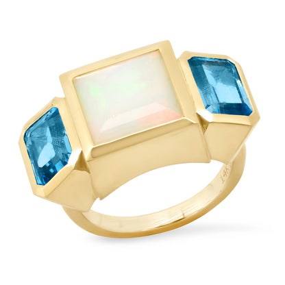 14K Yellow Gold Trilogy Ring Featuring Ethiopian Opal And Topaz By Sig Ward Jewelry.