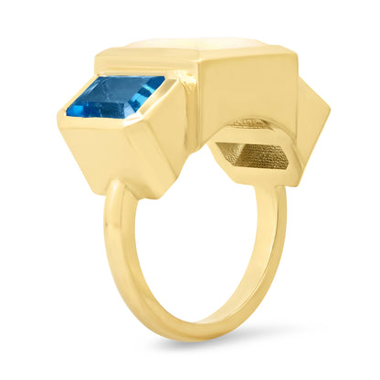 14K Yellow Gold Trilogy Ring Featuring Ethiopian Opal And Topaz By Sig Ward Jewelry.