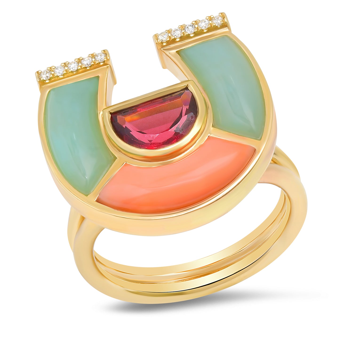 Front view of the Sig Ward Jewelry 14K Yellow Gold Garnet, Chrysoprase, Coral and Diamond Horseshoe Ring featuring natural garnet, chrysoprase, coral, and brilliant diamonds in a symbolic horseshoe design crafted in fine jewelry.