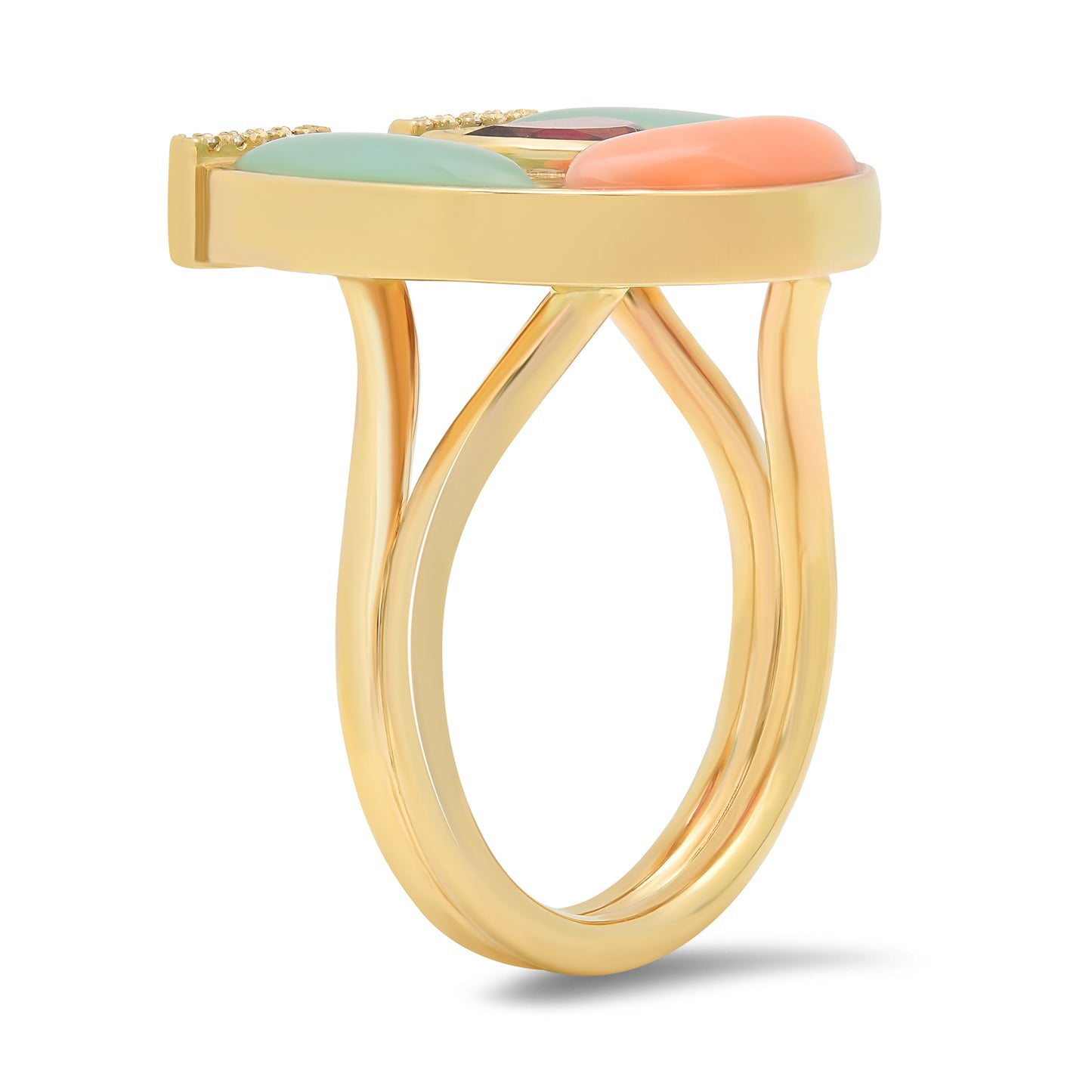Side view of the Sig Ward Jewelry 14K Yellow Gold Garnet, Chrysoprase, Coral and Diamond Horseshoe Ring showcasing colorful natural gemstones, brilliant diamonds, and a polished horseshoe design crafted in fine jewelry.