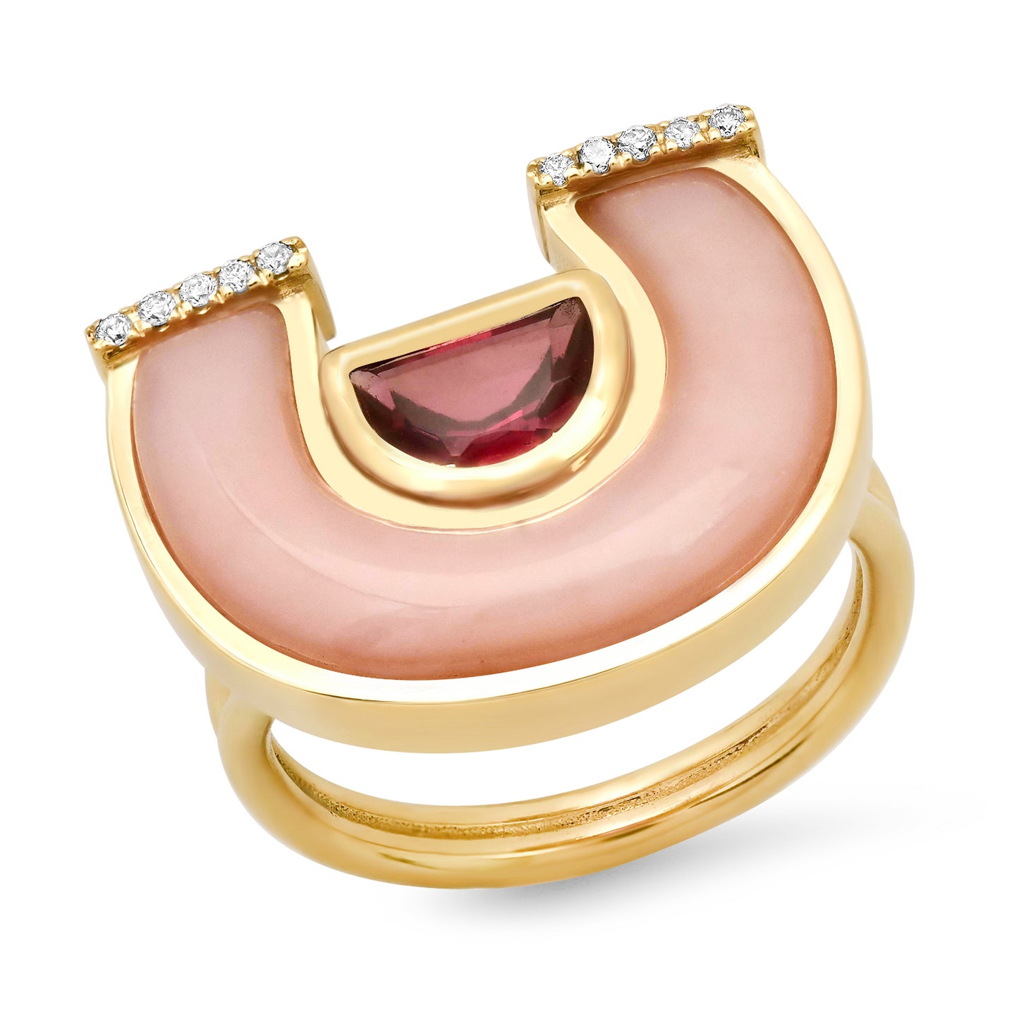 Sig Ward Jewelry 14K YG Garnet Pink Opal And Diamond Horseshoe Ring Front View