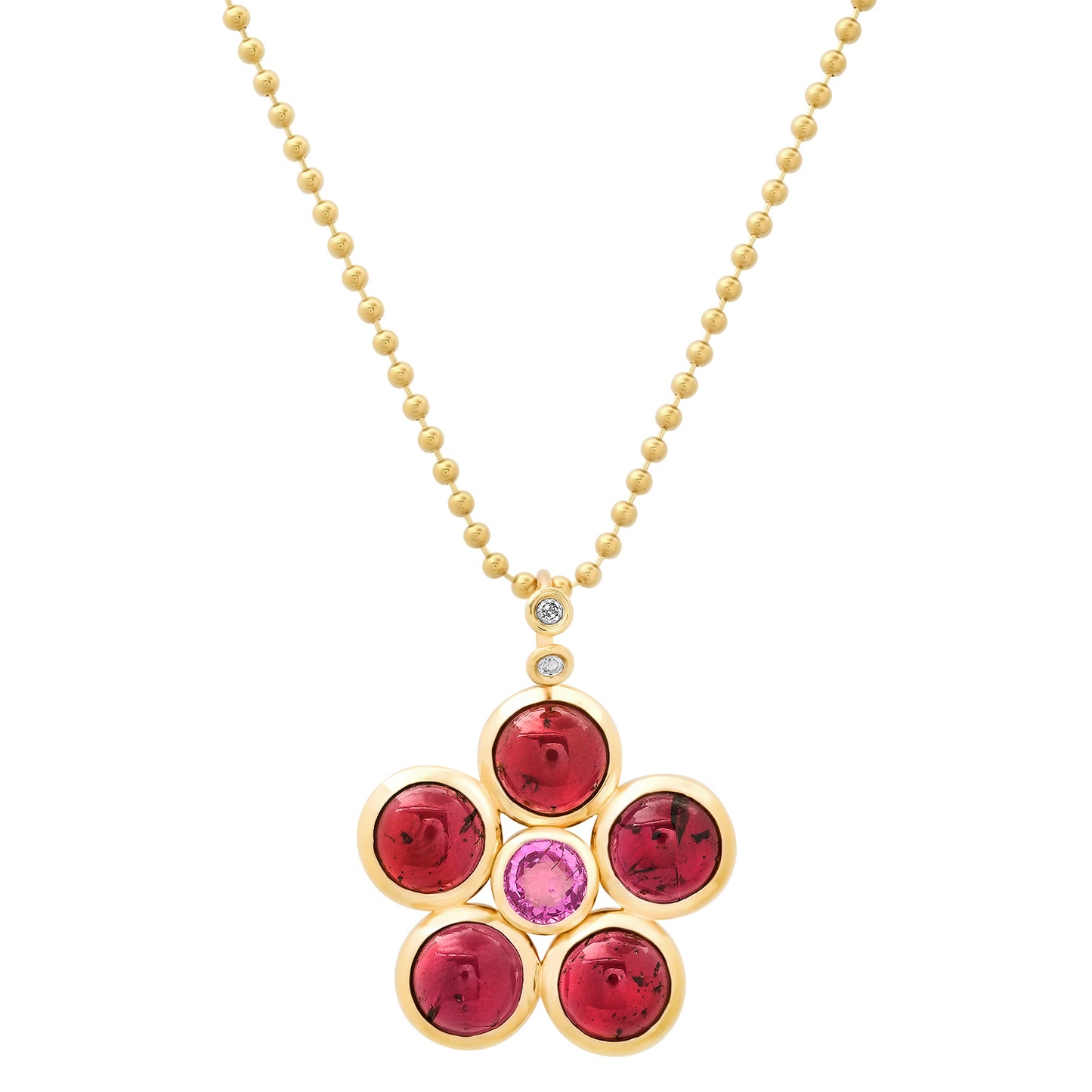 Sig Ward Jewelry 14K Yellow Gold Garnet, Pink Tourmaline and Diamond Blossom Necklace