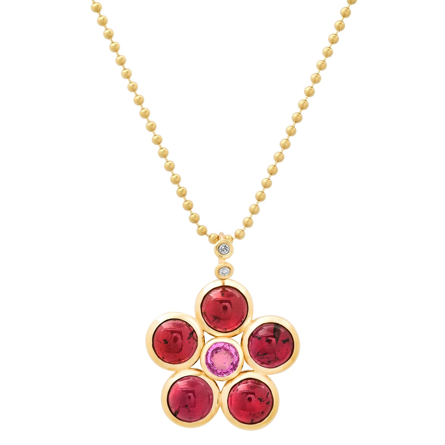 Sig Ward Jewelry 14K Yellow Gold Garnet, Pink Tourmaline and Diamond Blossom Necklace