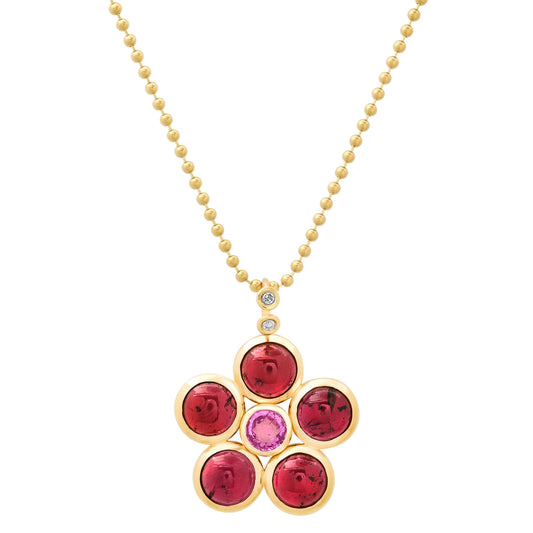 Sig Ward Jewelry 14K Yellow Gold Garnet, Pink Tourmaline and Diamond Blossom Necklace