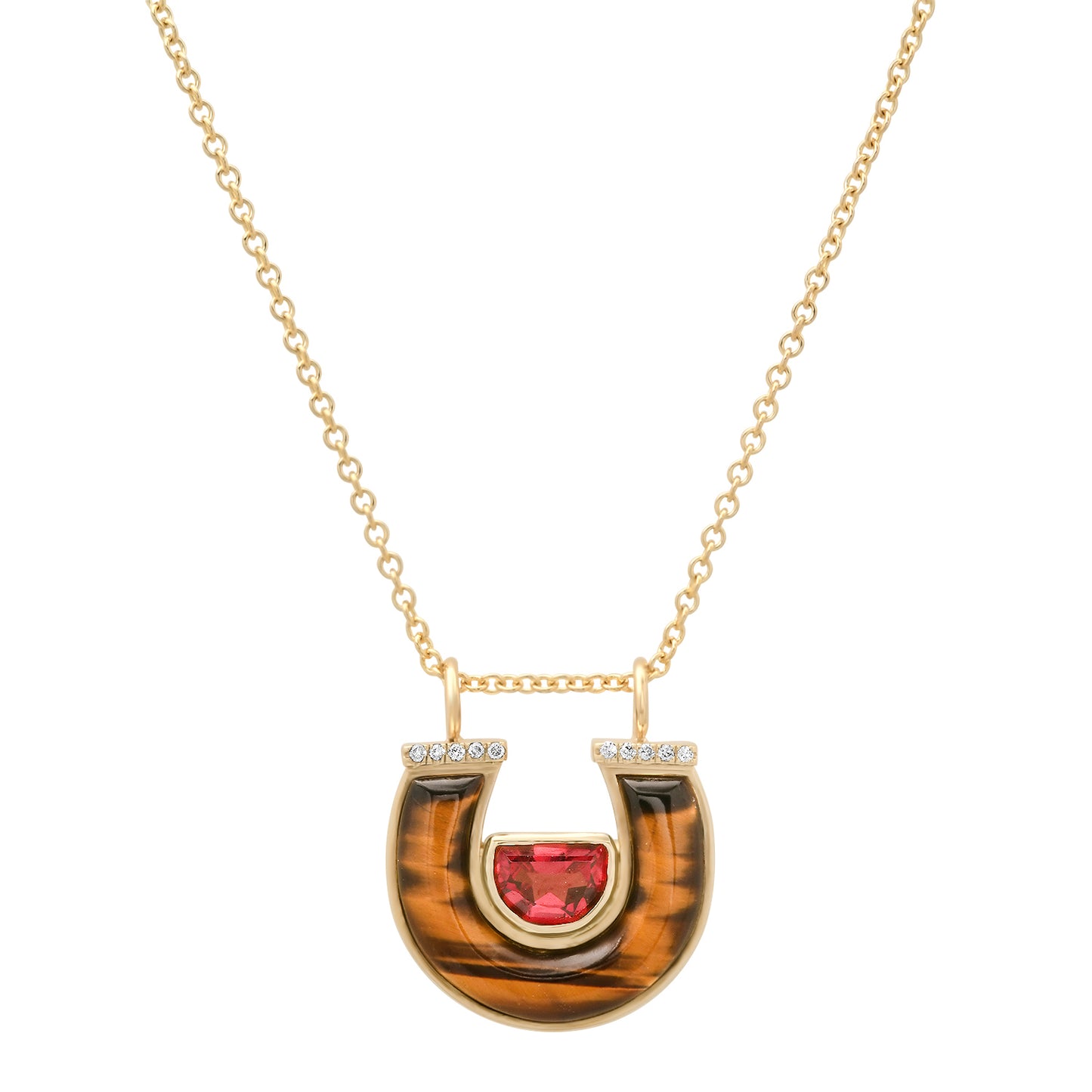 
Sig Ward Jewelry 14K Yellow Gold Garnet, Tiger's Eye and Diamond Horseshoe Necklace