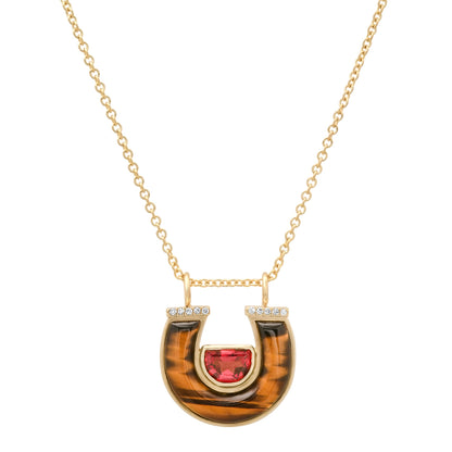 
Sig Ward Jewelry 14K Yellow Gold Garnet, Tiger's Eye and Diamond Horseshoe Necklace
