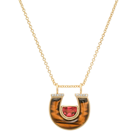 
Sig Ward Jewelry 14K Yellow Gold Garnet, Tiger's Eye and Diamond Horseshoe Necklace