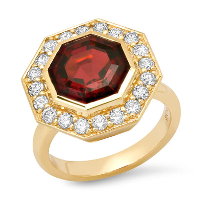 Sig Ward Jewelry 14K YG Garnet and Diamond Bia Ring side view showcasing a rich garnet gemstone with sparkling diamond accents set in a luxurious yellow gold design.