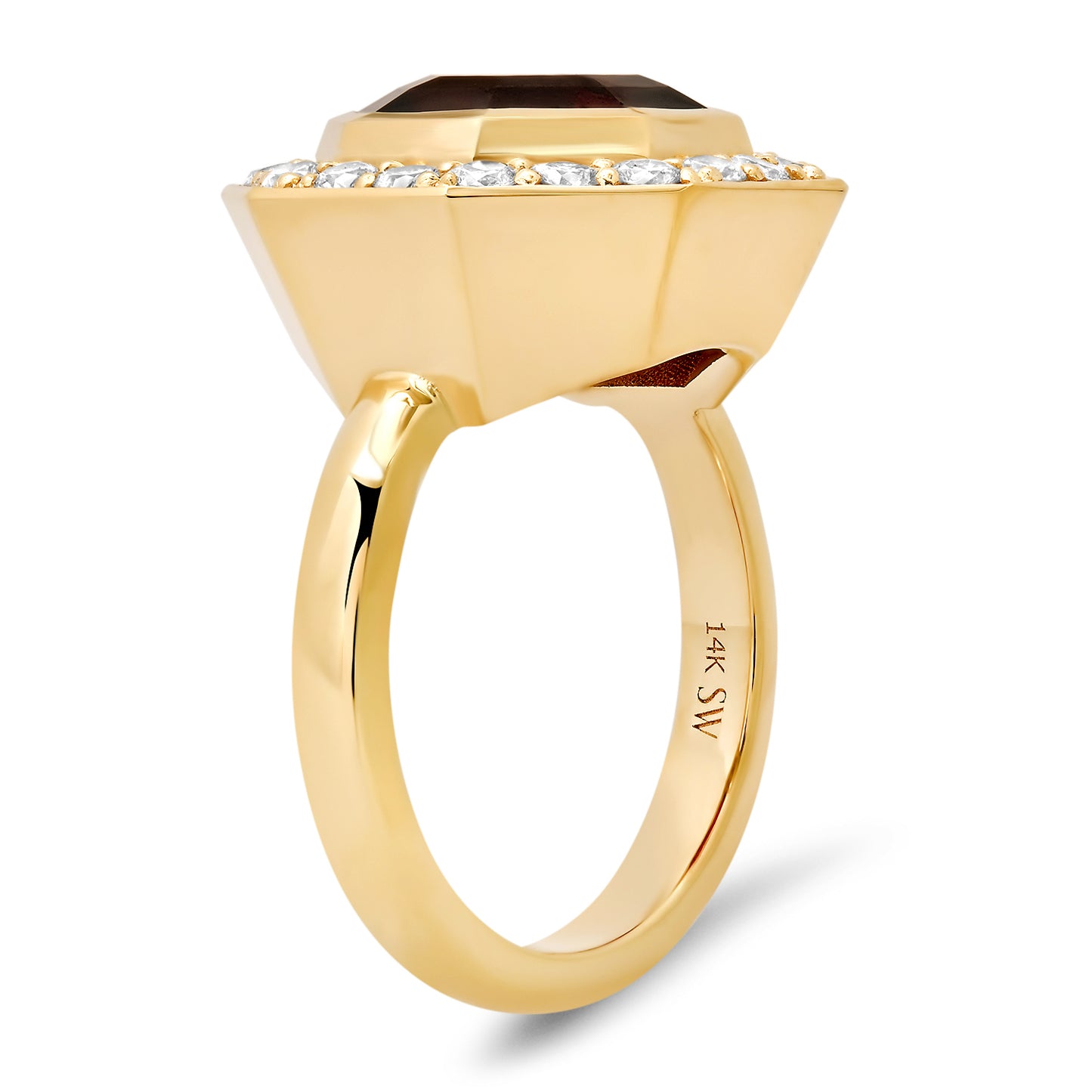 Sig Ward Jewelry 14K YG Garnet and Diamond Bia Ring side view showcasing a rich garnet gemstone with sparkling diamond accents set in a luxurious yellow gold design.