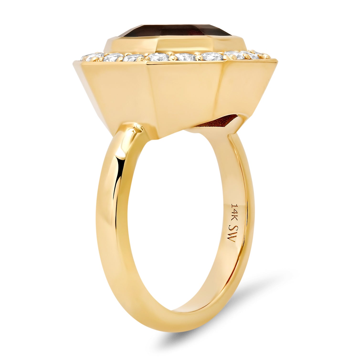 Sig Ward Jewelry 14K YG Garnet and Diamond Bia Ring side view showcasing a rich garnet gemstone with sparkling diamond accents set in a luxurious yellow gold design.