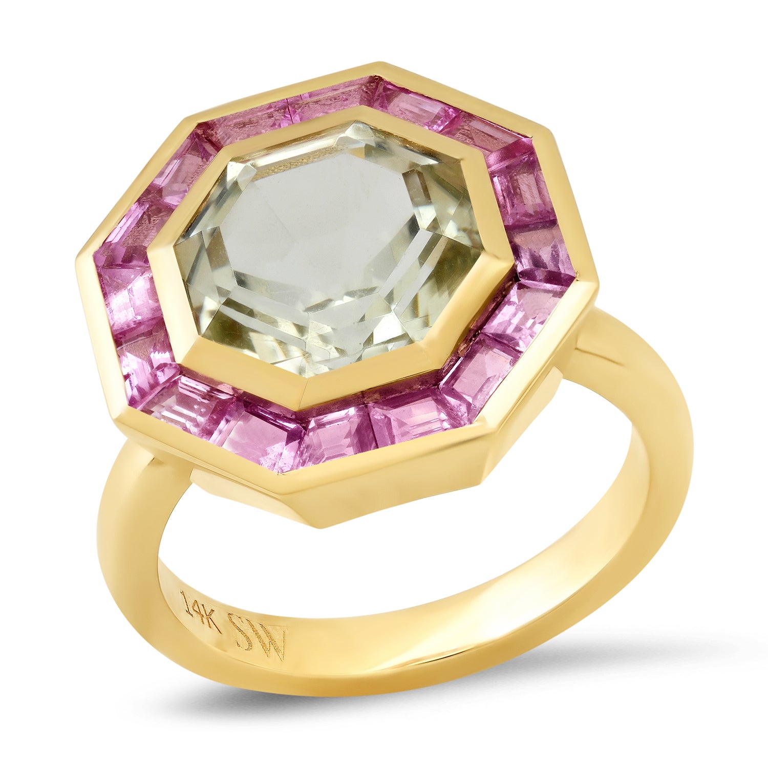 14K Yellow Gold Bia Ring Featuring Green Amethyst And Pink Sapphire By Sig Ward Jewelry.