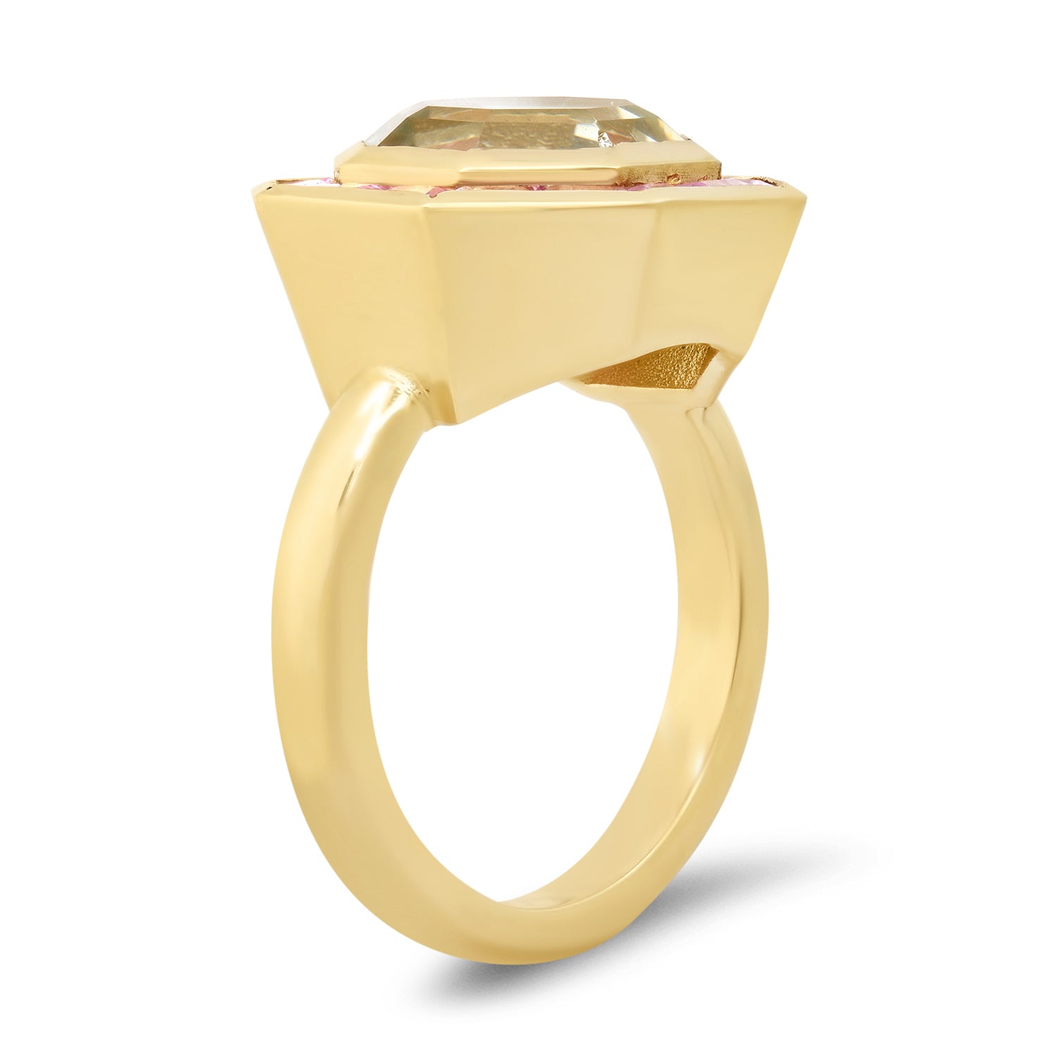 14K Yellow Gold Bia Ring Featuring Green Amethyst And Pink Sapphire By Sig Ward Jewelry.