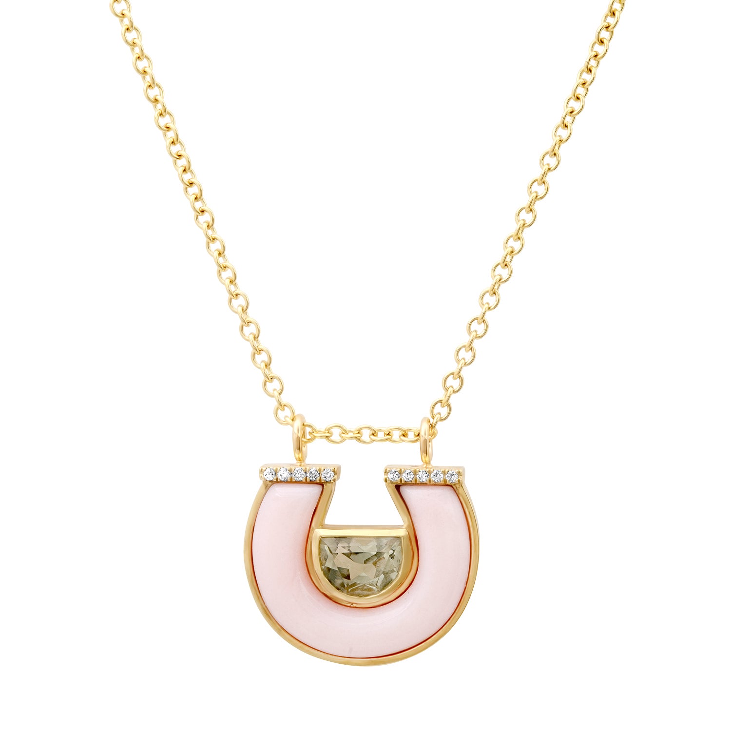 14K Yellow Gold Horseshoe Necklace Featuring Green Amethyst, Pink Opal, And Diamond Accents By Sig Ward Jewelry.