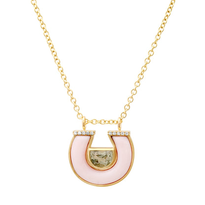 14K Yellow Gold Horseshoe Necklace Featuring Green Amethyst, Pink Opal, And Diamond Accents By Sig Ward Jewelry.