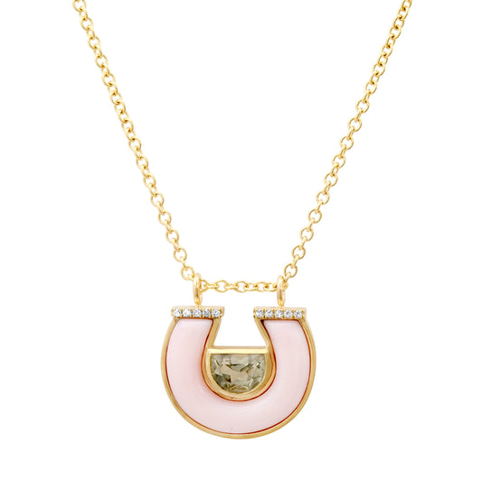 14K Yellow Gold Horseshoe Necklace Featuring Green Amethyst, Pink Opal, And Diamond Accents By Sig Ward Jewelry.
