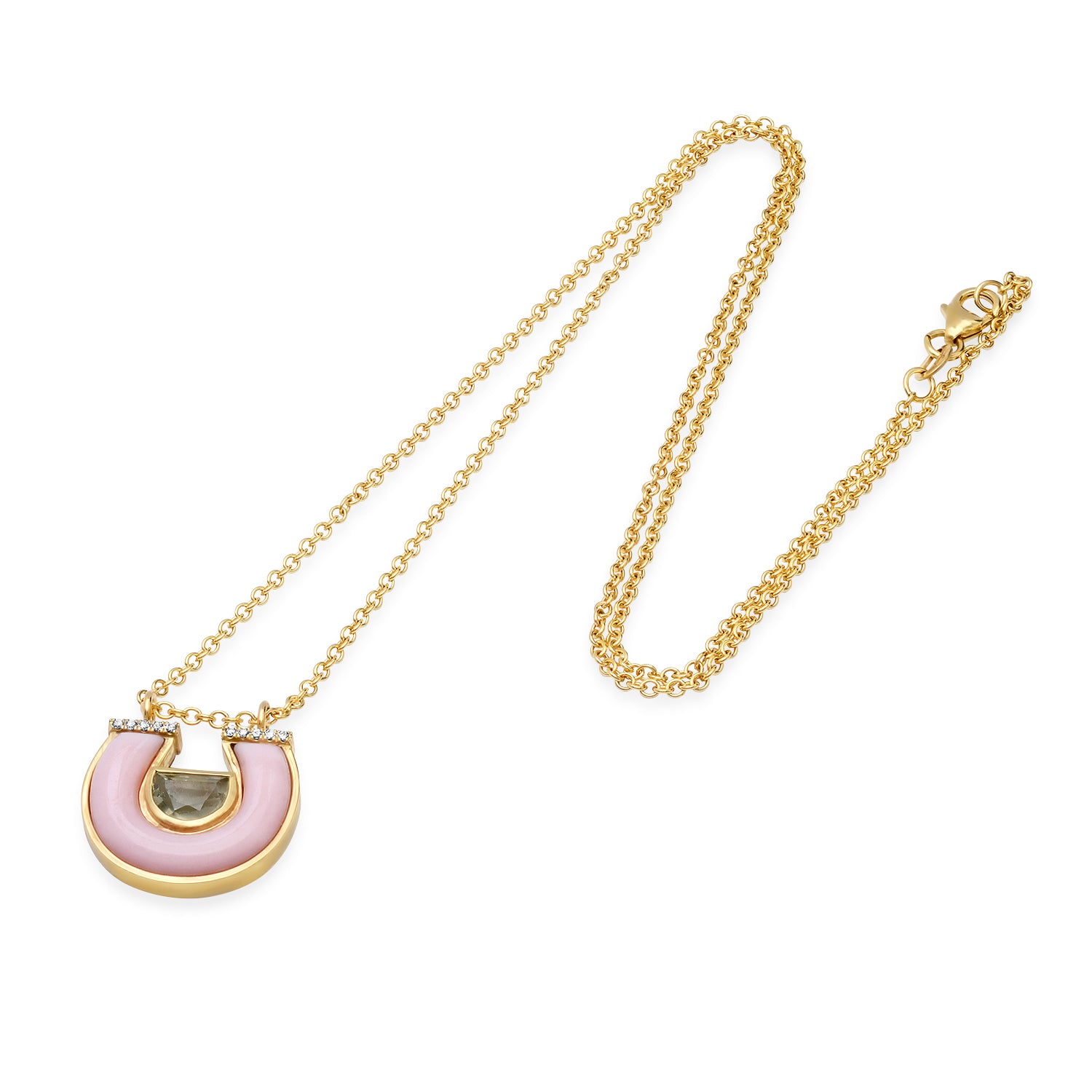 14K Yellow Gold Horseshoe Necklace Featuring Green Amethyst, Pink Opal, And Diamond Accents By Sig Ward Jewelry.
