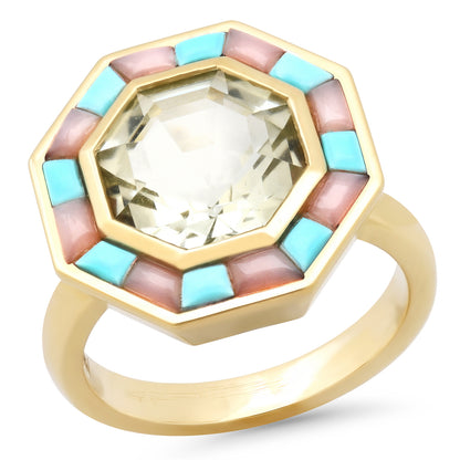 14K Yellow Gold Bia Ring Featuring Green Amethyst, Pink Opal, And Turquoise By Sig Ward Jewelry.