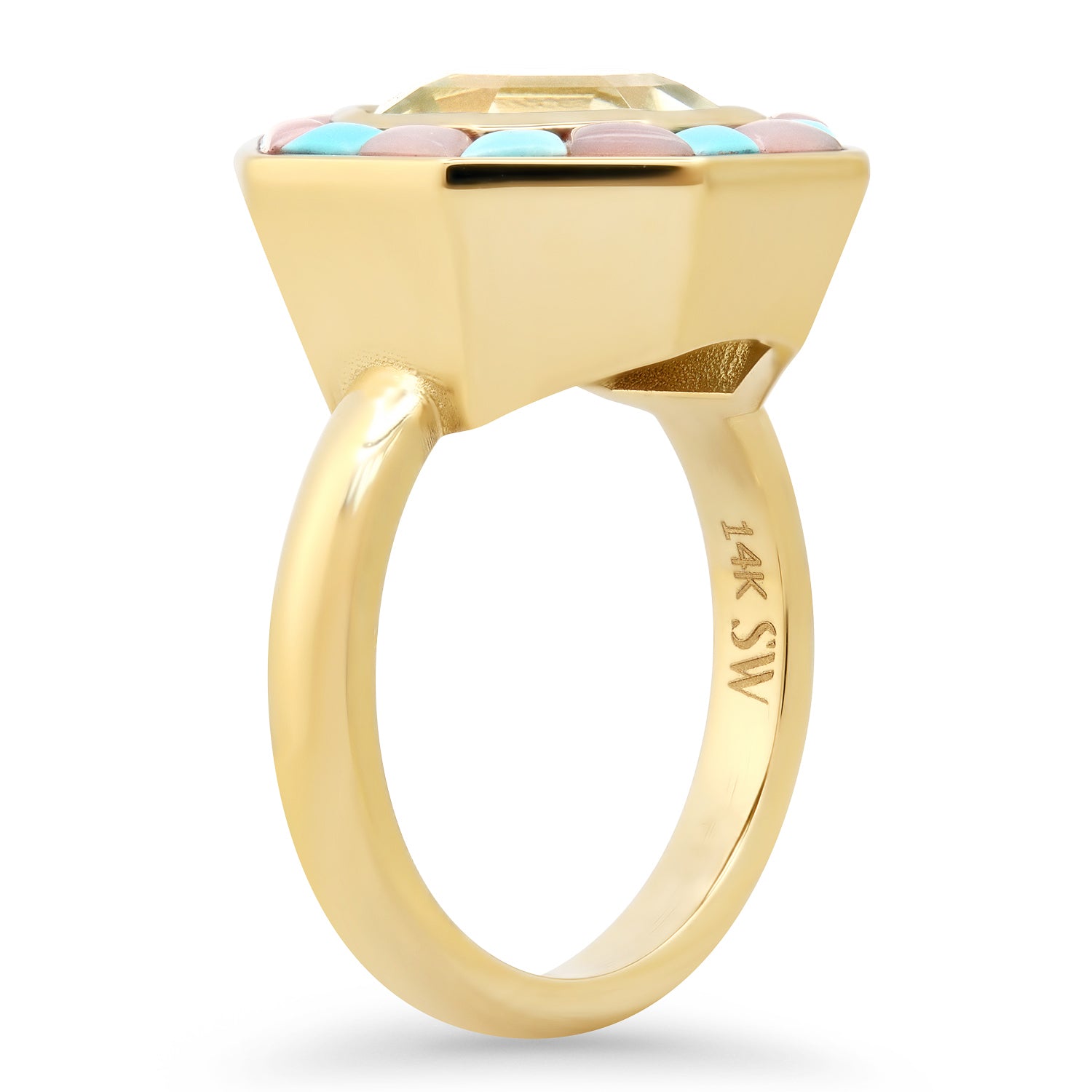 14K Yellow Gold Bia Ring Featuring Green Amethyst, Pink Opal, And Turquoise By Sig Ward Jewelry.